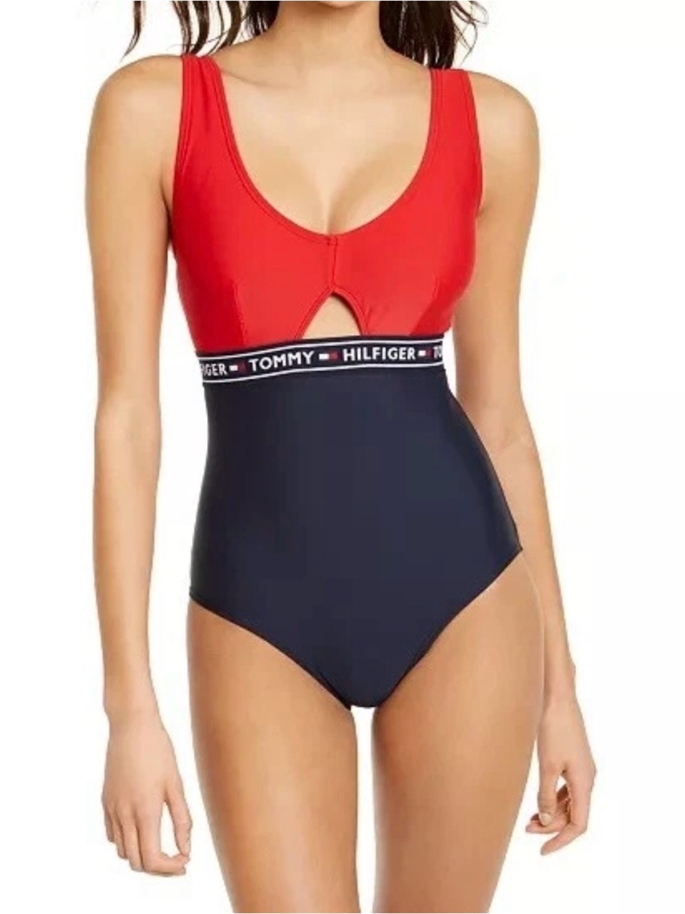 Tommy Hilfiger Red and Navy Logo-Band One-Piece Swimsuit Size L.